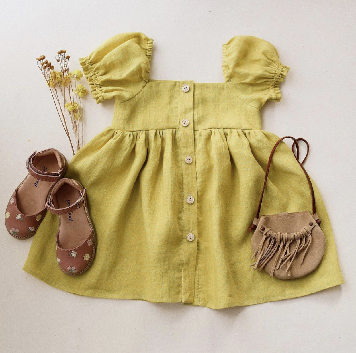 Linen Puff-Sleeve Princess Dress