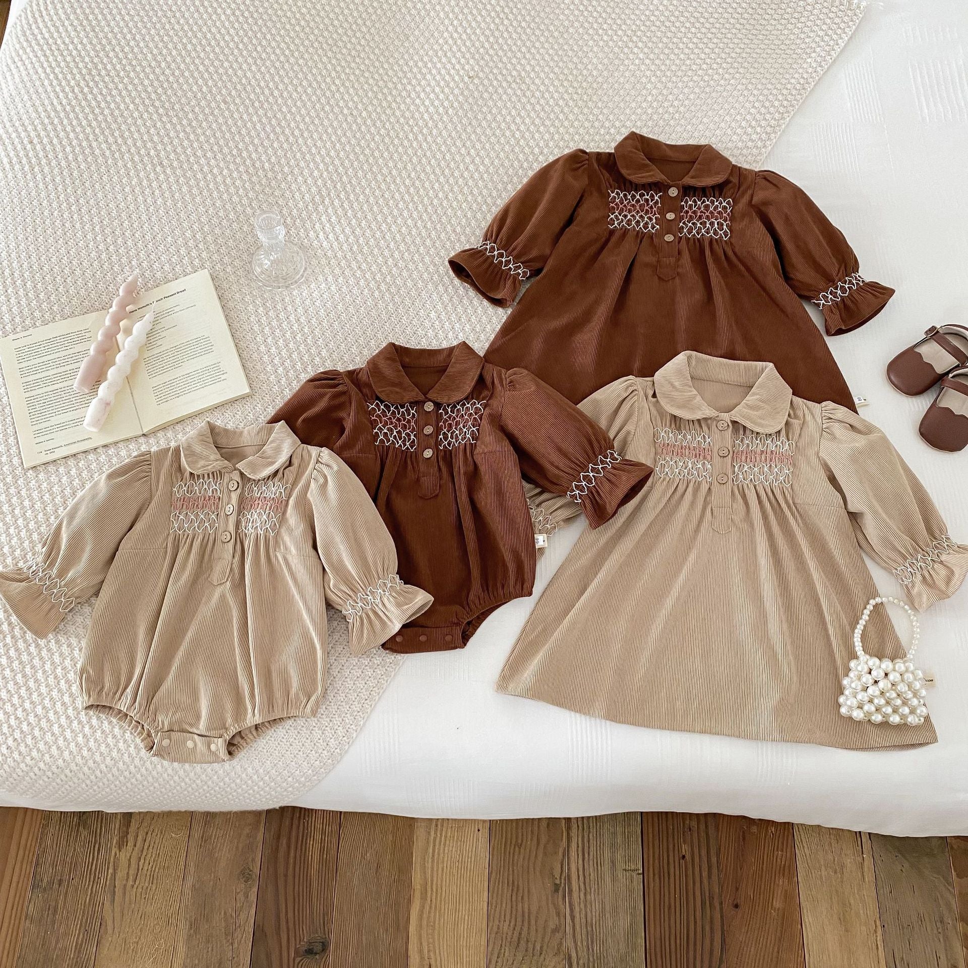 Acorn Smocked Dress family, styled flat lay