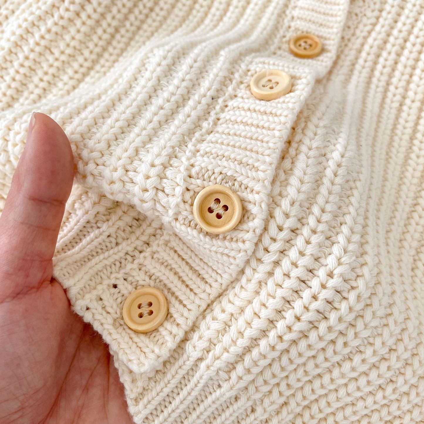 Willow Oat Cardigan wooden button close-up