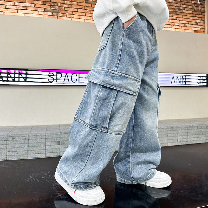 Acorn Cargo Denim - light-wash wide-leg cargo jeans, walking side view