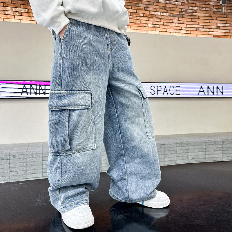 Acorn Cargo Denim - light-wash wide-leg cargo jeans, side view