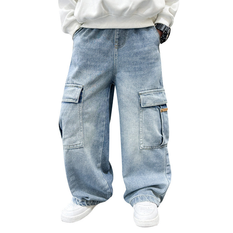 Acorn Cargo Denim - light-wash wide-leg cargo jeans, front view