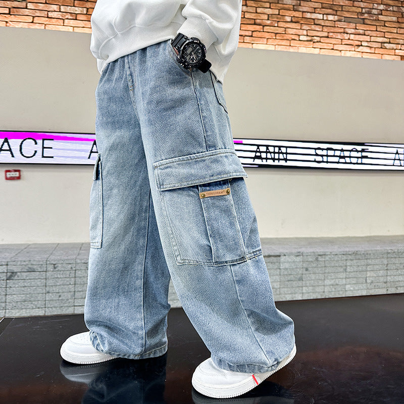 Acorn Cargo Denim - tonal leather-look patch detail