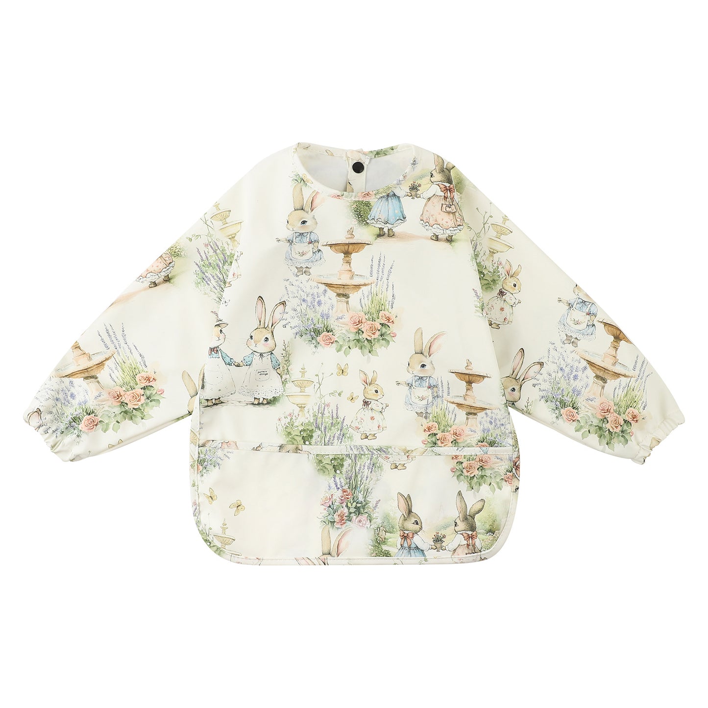 Acorn Hollow Bib worn at mealtime, Garden Rabbit print