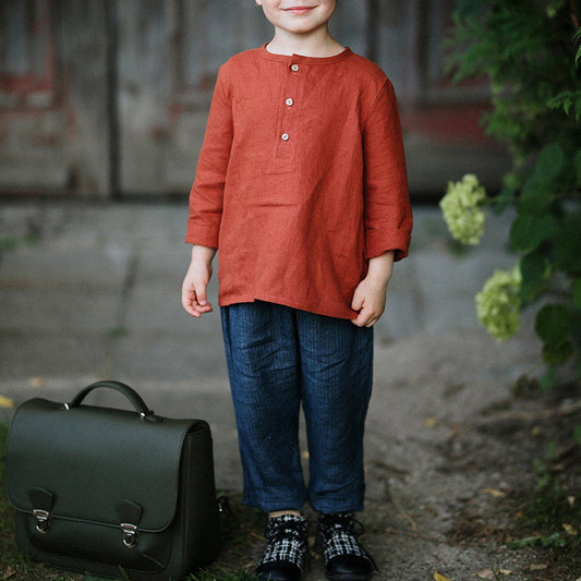 Acorn Linen Shirt in rust on a toddler boy