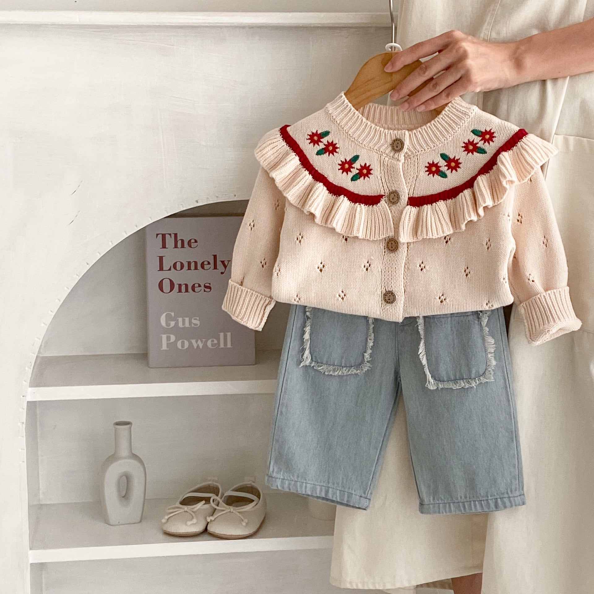 Fern Cropped Denim styled with knit cardigan
