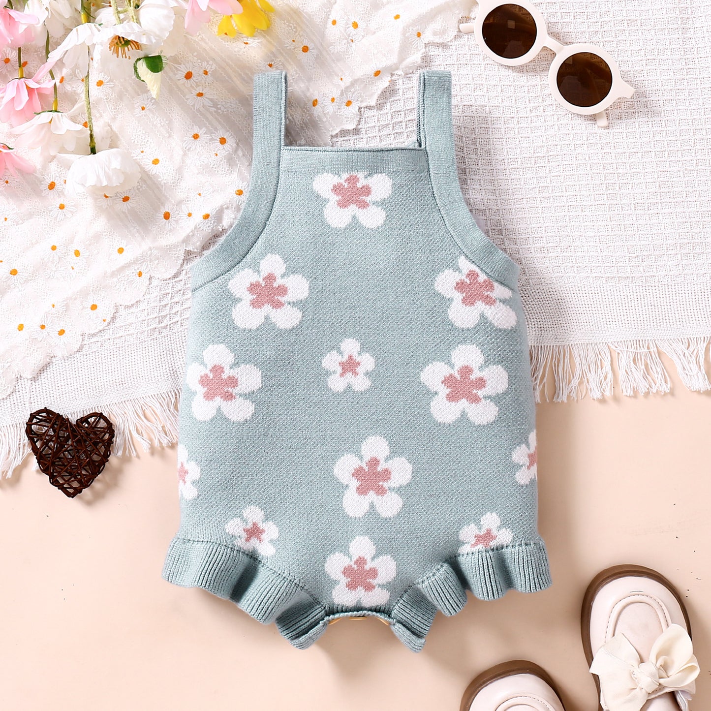 Petal Knit Romper styled flat lay