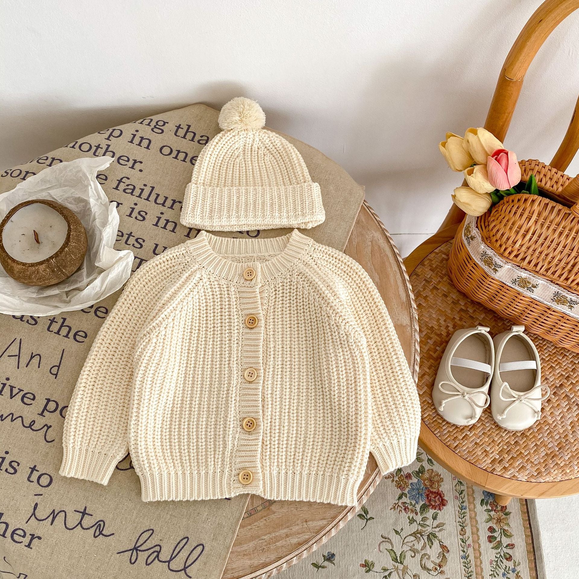 Willow Oat Cardigan styled on rustic table