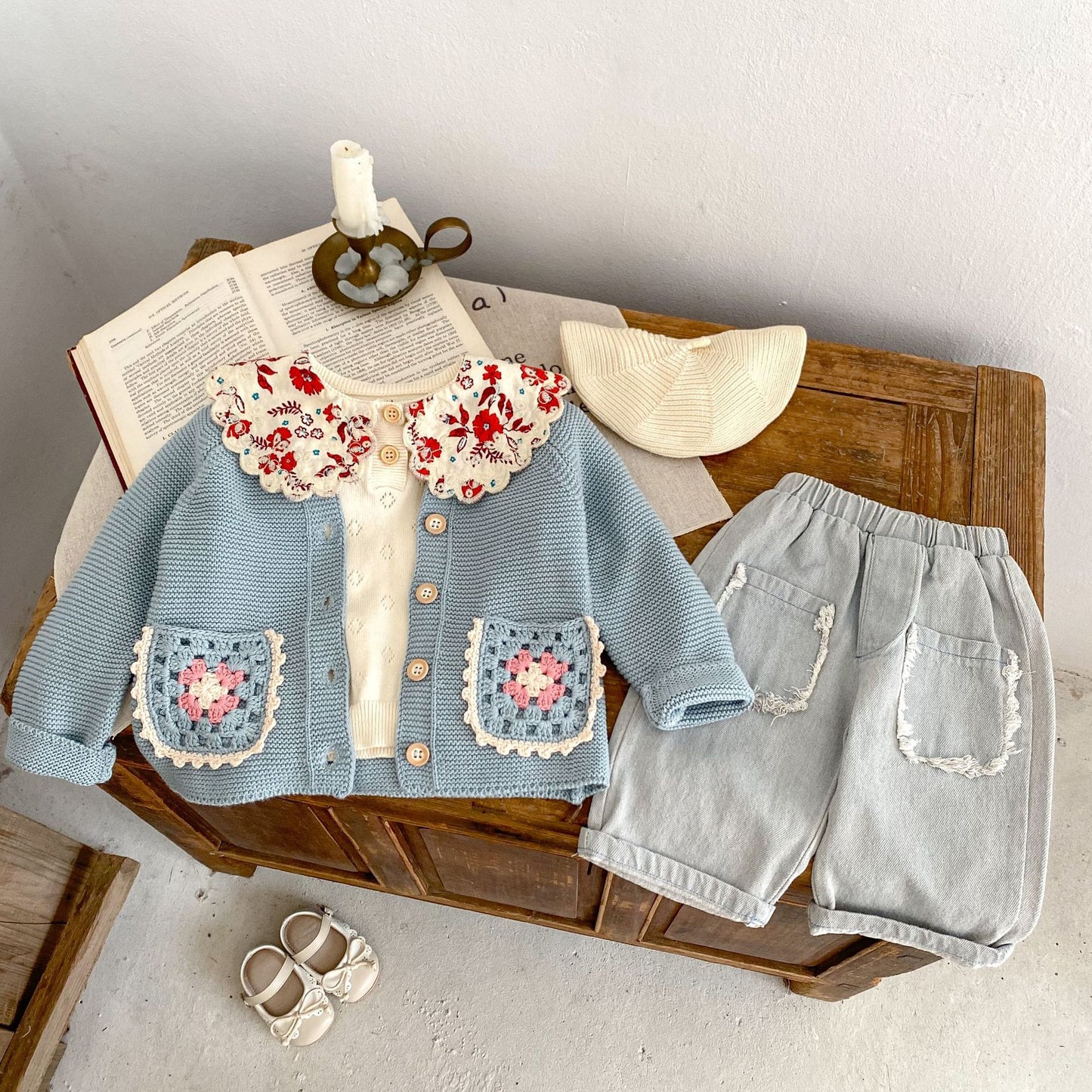 Petal Acorn Cardigan styled outfit with floral collar and shorts
