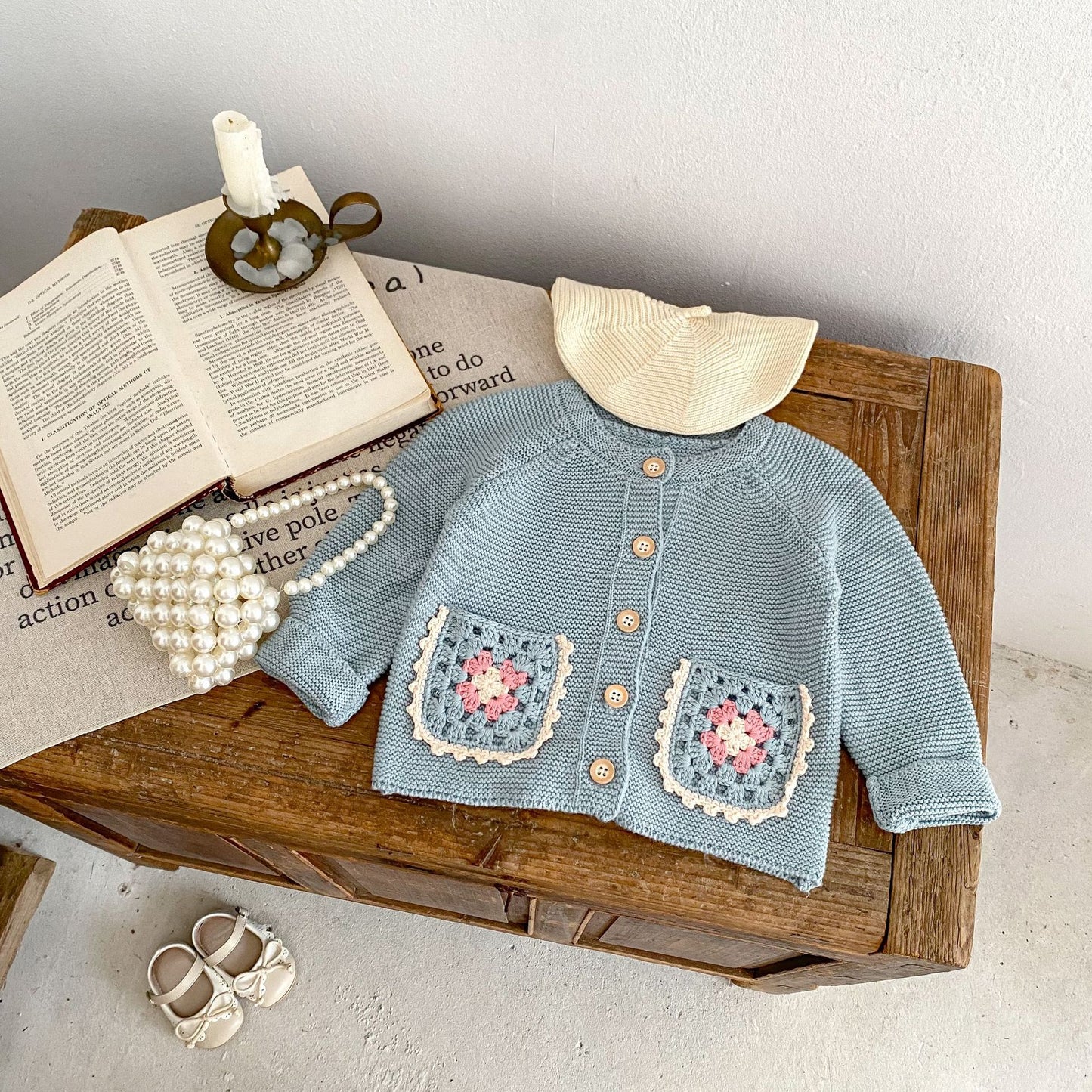 Petal Acorn Cardigan styled with heirloom accessories