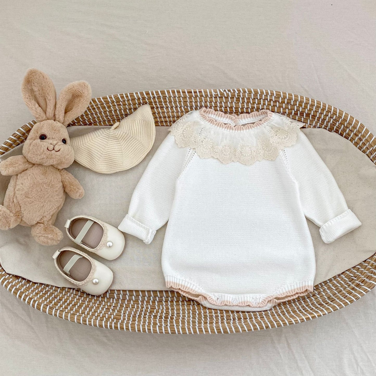 Meadow Lace Romper flat lay with accessories